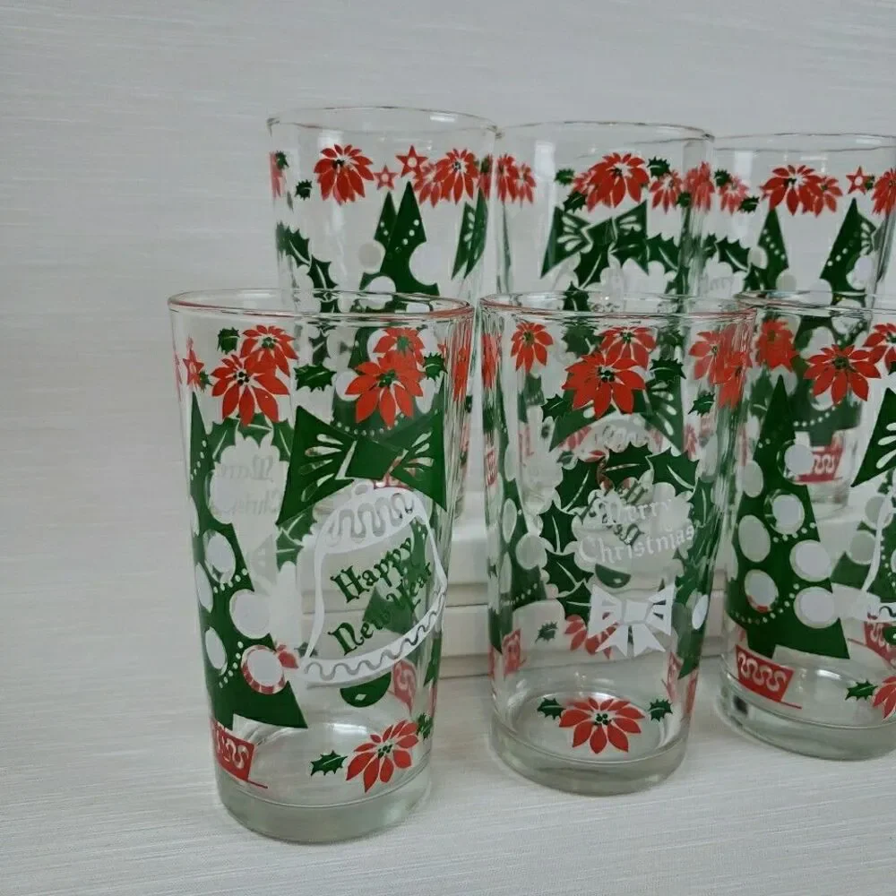 Vintage 7 Merry Christmas Happy New Year Cups Tumblers Continental Glass MCM